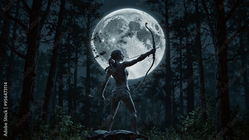 Naklejka premium A statue of Artemis standing in a moonlit forest on a full moon night, holding a silver bow and arrow, with moonlight filtering through the treetops as the backdrop.