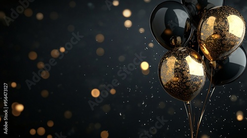 A dramatic scene with shiny black and gold balloons tied together, floating against a dark, sophisticated background, with a space left for Black Friday sale text photo