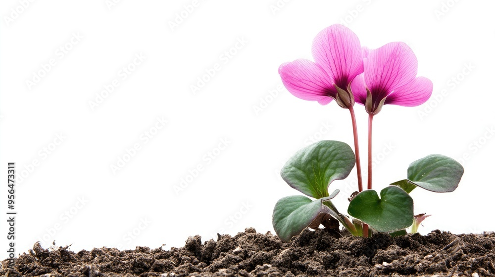 Two pink flowers with green leaves sprouting from dark soil. Two pink flowers with green leaves sprouting from dark soil.