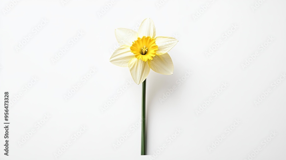 A single daffodil flower stands tall against a white background, its delicate petals unfurling in a graceful display of spring beauty. A single daffodil flower stands tall against a white background, its delicate petals unfurling in a graceful display of spring beauty.