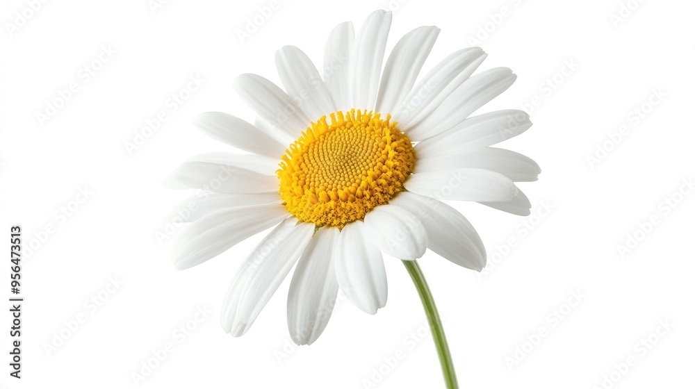 Fototapeta premium A single white daisy with a yellow center isolated against a white background.