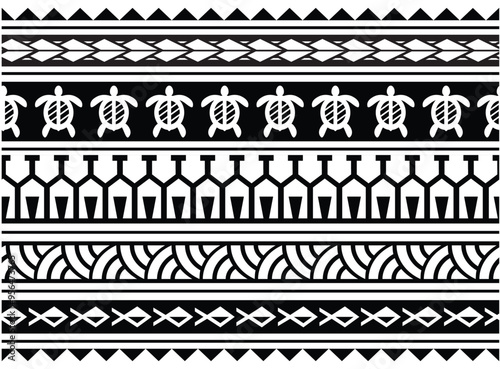 Polynesian pattern tribal tattoo border. Tribal tattoo geometric fore arm samoan band. Tattoo eps forearm samoan sleeve bracelet. Fabric seamless isolated hawaiian pattern on white background.