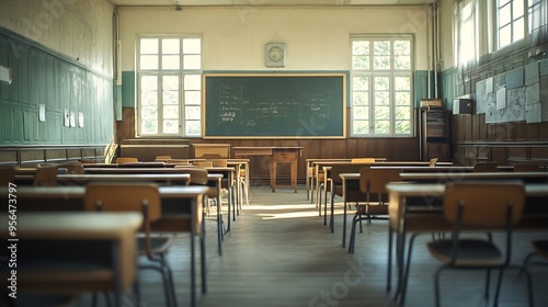 Wallpaper Mural Empty classroom with desks chairs and chalkboard : Generative AI Torontodigital.ca