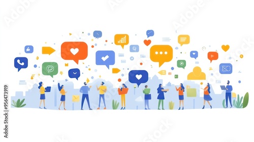 A social engagement illustration depicting lively digital discussions and interactions with icons representing likes, comments, and shares floating around.