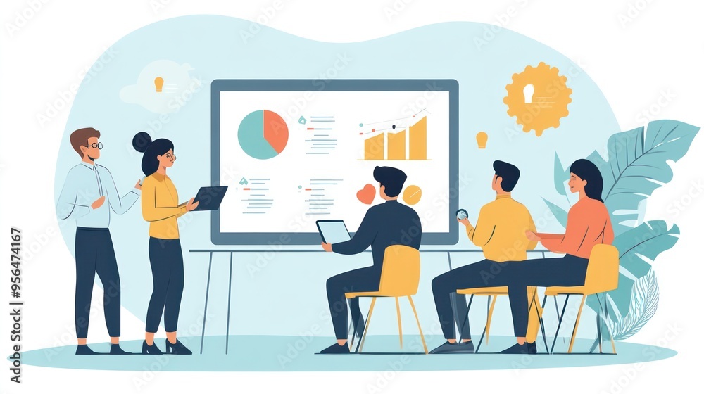 A team of professionals working together on a presentation, rehearsing and giving constructive feedback to each other. A team of professionals working together on a presentation, rehearsing and giving constructive feedback to each other.