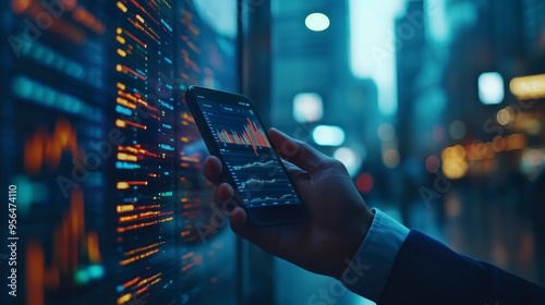 At night, a businessman compares stock market data on his smartphone with a monitor at a city stock exchange