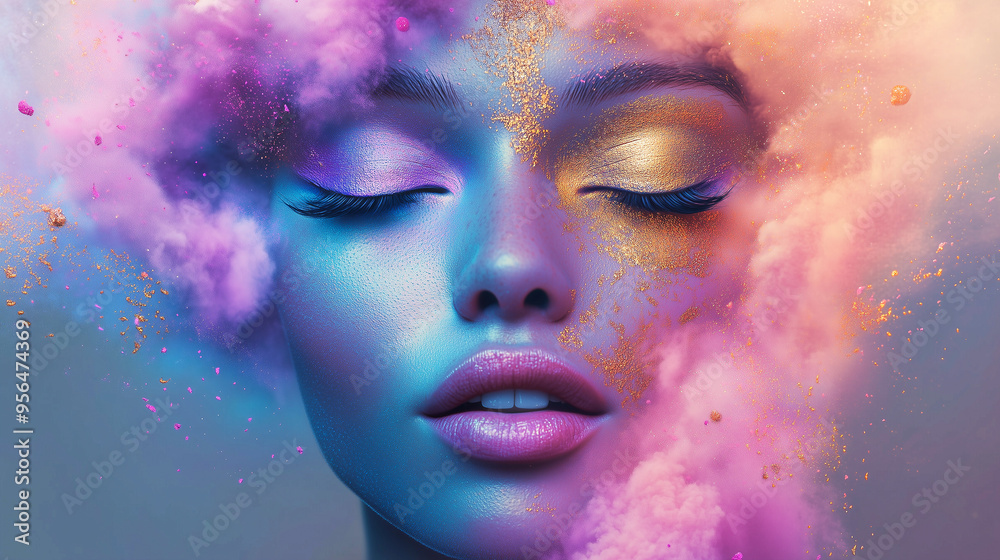 Young beautiful woman with closed eyes with makeup on her face, covered with rainbow powder, with color explosion around. Holi festival of colors. Concept of advertising cosmetics, beauty, spring Young beautiful woman with closed eyes with makeup on her face, covered with rainbow powder, with color explosion around. Holi festival of colors. Concept of advertising cosmetics, beauty, spring