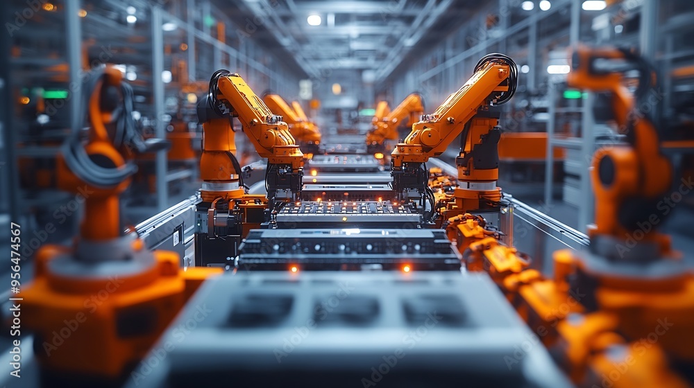 Modern Electric Car Automated Smart Factory EV Battery Pack Production Line Equipped with Orange Advanced Robot Arms Row of Robotic Arms inside Bright Plant Assemble Batteries for Auto : Generative AI Modern Electric Car Automated Smart Factory EV Battery Pack Production Line Equipped with Orange Advanced Robot Arms Row of Robotic Arms inside Bright Plant Assemble Batteries for Auto : Generative AI