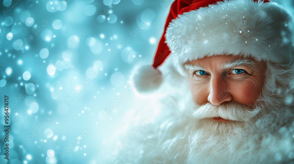 Santa Claus on defocused bokeh and snowy effect background with copy space. AI generated face. Santa Claus on defocused bokeh and snowy effect background with copy space. AI generated face.