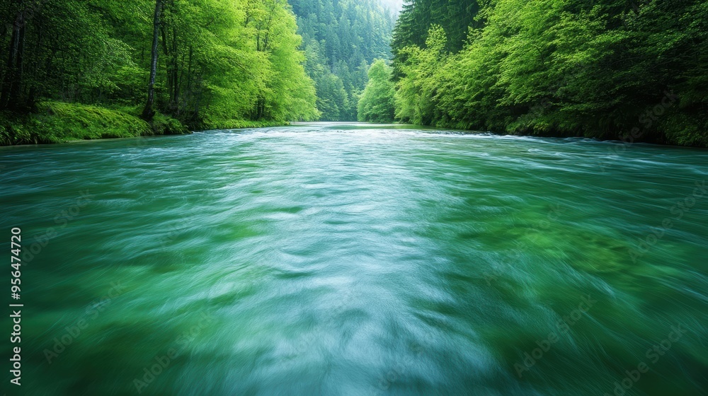 a flowing river with crystal clear water, surrounded by dense greenery, a refreshing and vibrant scene