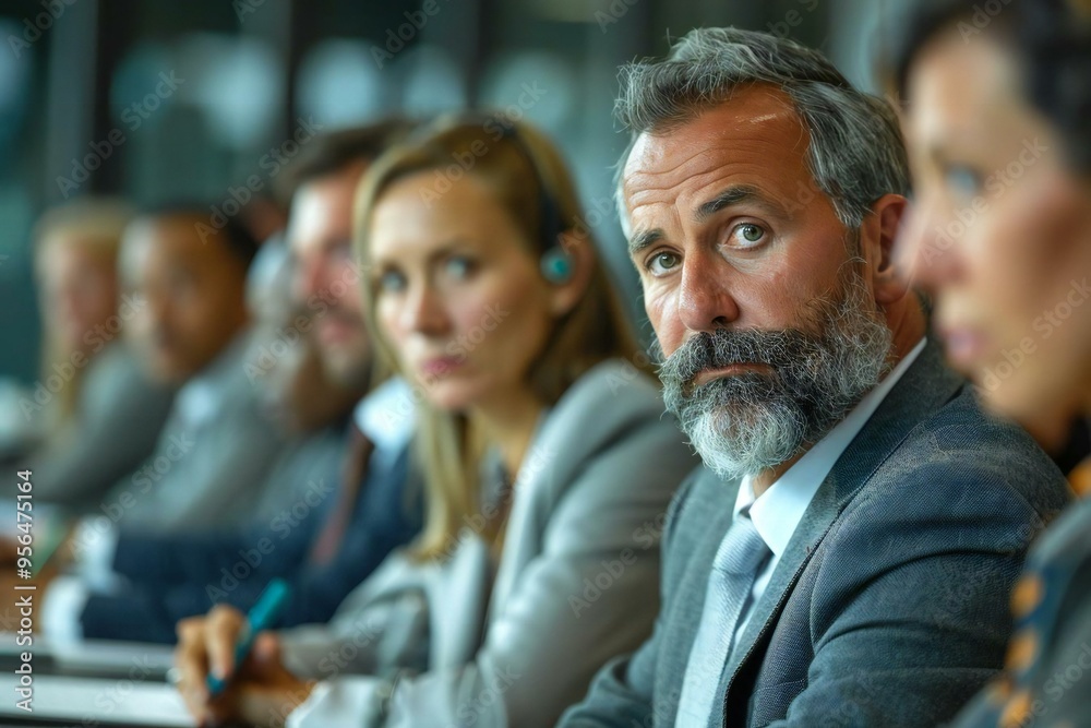 Male Manager Sitting Bored With Colleagues During Office Presentation Meeting Male Manager Sitting Bored With Colleagues During Office Presentation Meeting