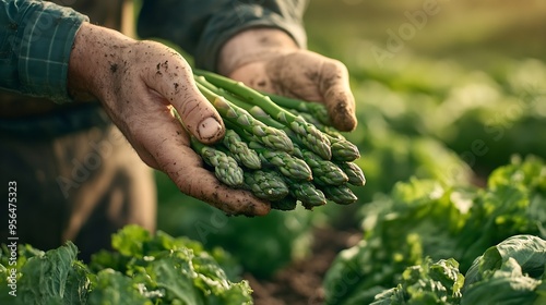 farmer holding asparagus harvest organic green asparagus cultivation : Generative AI photo