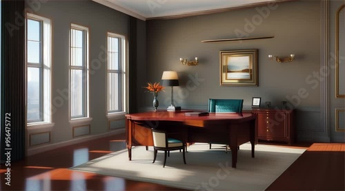 Wallpaper Mural Modern office interior with a desk, chairs, and a computer, featuring a clean and contemporary design with a window view Torontodigital.ca