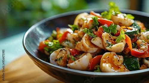 Seasoned whelk vegetables mixed with whelk with sweet and spicy seasoning : Generative AI