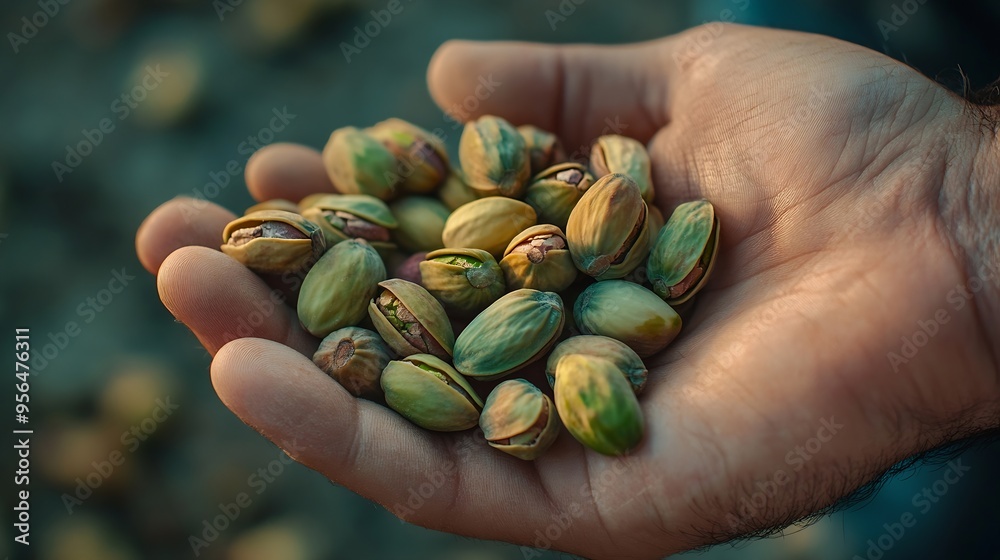 Fresh Gaziantep pistachios in mans hand High quality photo : Generative AI