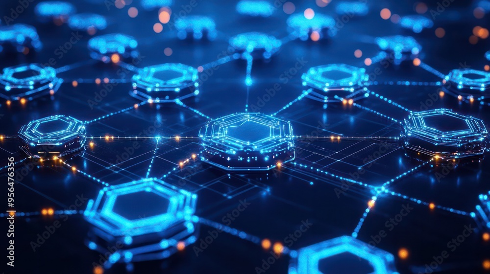 Business infographic for Blockchain shows how Blockchain technology is changing industries. With digital ledger graphics connected nodes and images of the future in cool blue tones. Business infographic for Blockchain shows how Blockchain technology is changing industries. With digital ledger graphics connected nodes and images of the future in cool blue tones.