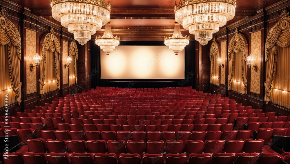Obraz premium Elegant Vintage Theater with Red Seats and Grand Chandeliers