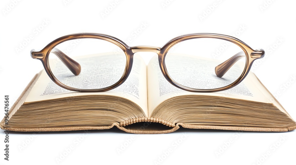 A pair of glasses sits on top of an open book, ready for reading. A pair of glasses sits on top of an open book, ready for reading.