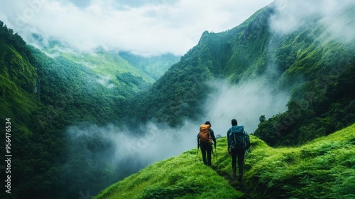a group of friends exploring a hidden waterfall deep in the mountains, surrounded by lush vegetation and mist, a scene of natural beauty and adventure