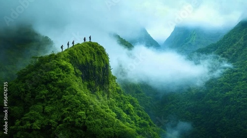 a group of friends exploring a hidden waterfall deep in the mountains, surrounded by lush vegetation and mist, a scene of natural beauty and adventure