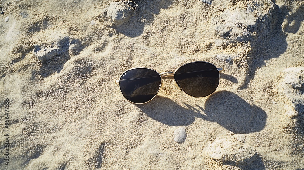 A pair of sunglasses with dark lenses lay on a sandy beach. A pair of sunglasses with dark lenses lay on a sandy beach.