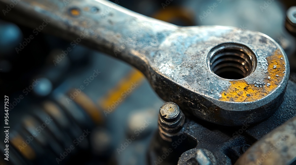 Closeup Macro Photography of a Metal Wrench Tightening a Bolt on an Engine Showcasing the Intricate Textures and Details of the Industrial Hardware Closeup Macro Photography of a Metal Wrench Tightening a Bolt on an Engine Showcasing the Intricate Textures and Details of the Industrial Hardware