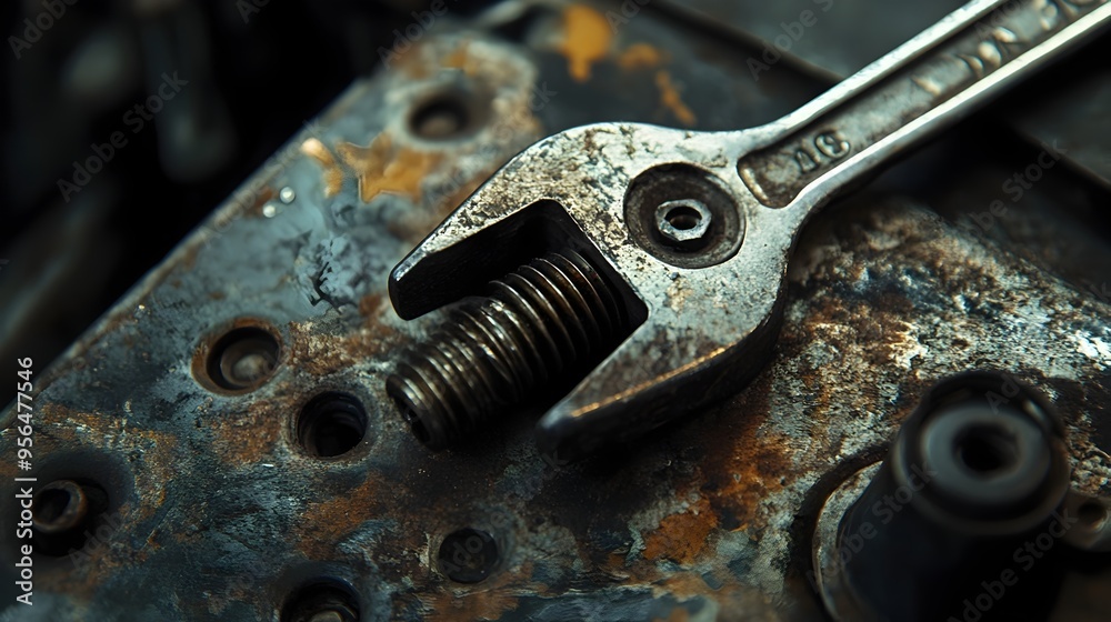 Macro photography of a wrench tightening a bolt on an engine showcasing the intricate details and textures of the metal components This image conveys the concept of industrial machinery Macro photography of a wrench tightening a bolt on an engine showcasing the intricate details and textures of the metal components This image conveys the concept of industrial machinery