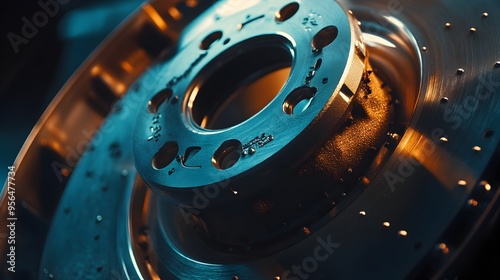 Macro photography capturing the fine details of automotive brake pads being replaced showcasing the textural patterns and materials of the brake pad and caliper components photo