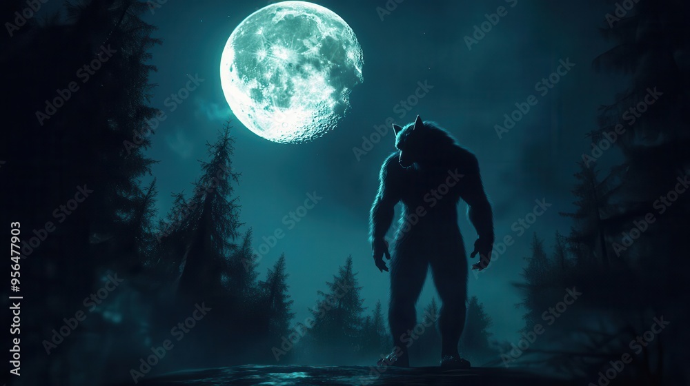 Ghostly werewolf figure in the dark forest with full moon, flat design, front view, eerie night theme, 3D render, vivid colors Ghostly werewolf figure in the dark forest with full moon, flat design, front view, eerie night theme, 3D render, vivid colors