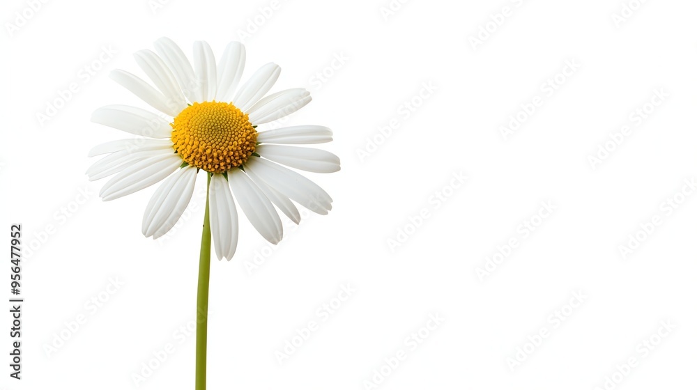 Fototapeta premium Single white daisy with yellow center isolated on white background.