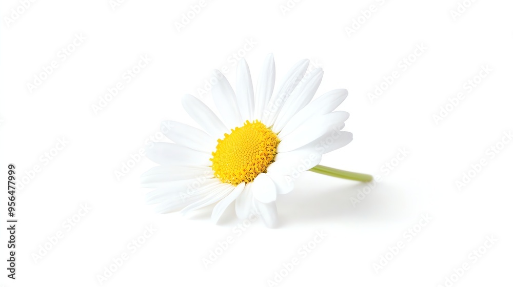 Fototapeta premium A single white daisy with a yellow center isolated on a white background.