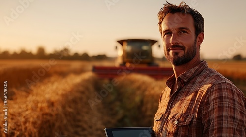 Handsome farmer with tablet standing in front of combine harvester during harvest in field : Generative AI