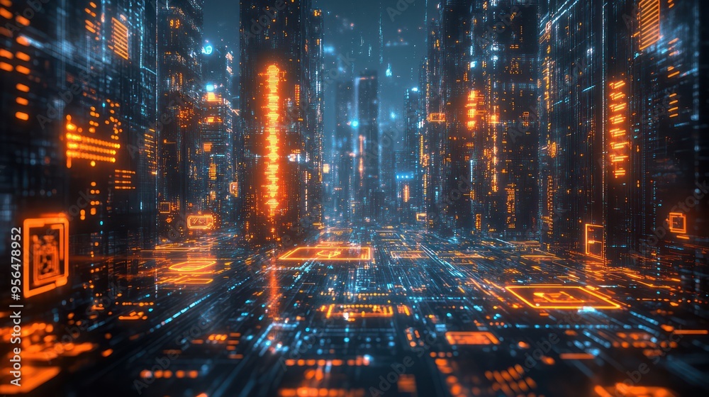 Digital communication illustration depicting a futuristic cityscape filled with digital screens, symbols, and flowing data streams, representing seamless global communication.