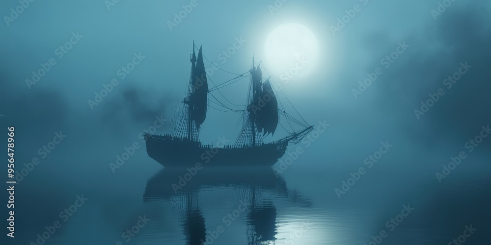 Fototapeta premium A ghost ship drifting in the fog