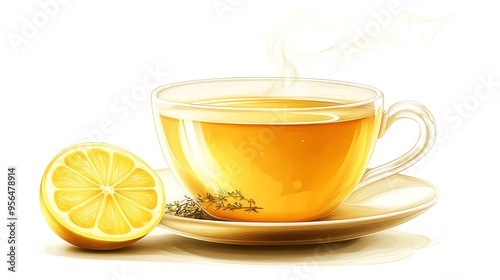 A cup of hot tea with a lemon slice and a sprig of green tea.