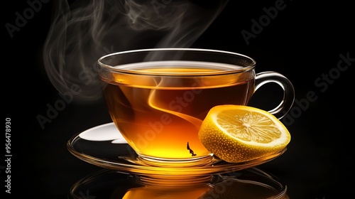 Steaming cup of tea with lemon wedge on a saucer, isolated on black background.