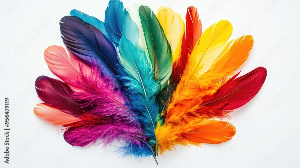 A bundle of multicolored feathers arranged in a radial pattern on a white background, creating a vibrant display A bundle of multicolored feathers arranged in a radial pattern on a white background, creating a vibrant display