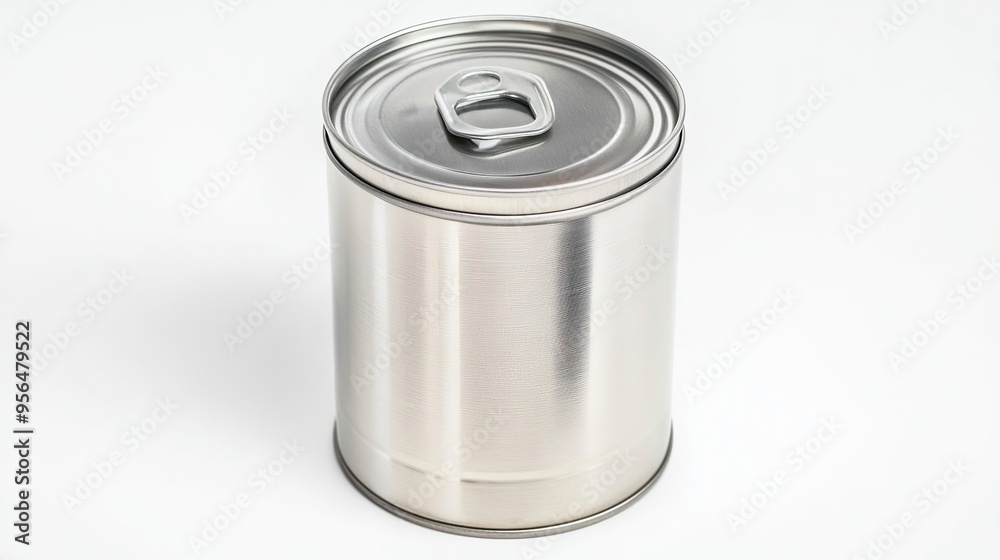 Silver Metal Tin Can: Shiny Isolated Can with Lid on a White Background, Often Used for Food or Chemical Packaging Silver Metal Tin Can: Shiny Isolated Can with Lid on a White Background, Often Used for Food or Chemical Packaging
