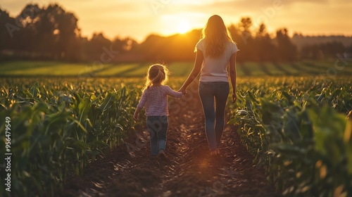 Mom daughter hold hands in field Mother child walk on field sunset Kid girl mom go hand in hand field corn sprouts Family farming business Agricultural industry Growing corn organic fo : Generative AI