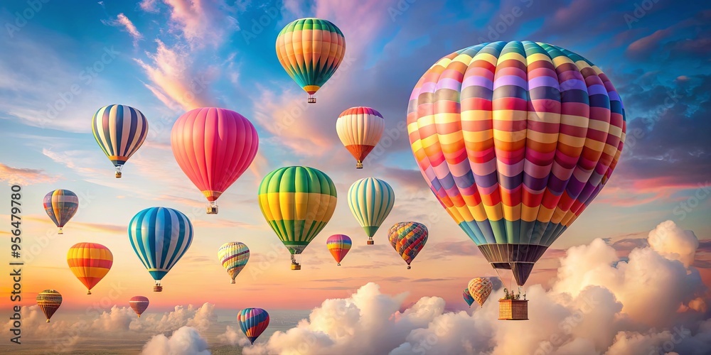 Fototapeta premium Colorful hot air balloons drifting in a soft pastel sky during an adventure-filled day