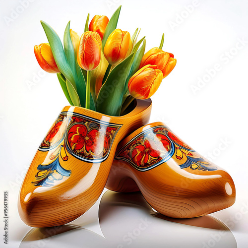 Extreme close-up of a pair of wooden clogs made in Netherlands and tulips, isolated on white background with reflections. Generative Ai. © Alberto Masnovo