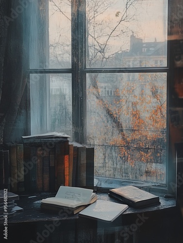 Academic Desk with Books and Notebook in a Quaint English Major Setting. AI generated illustration. photo