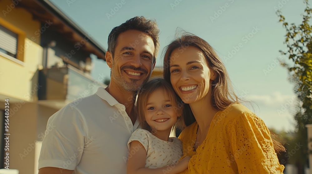 Happy family standing in front of house : Generative AI Happy family standing in front of house : Generative AI