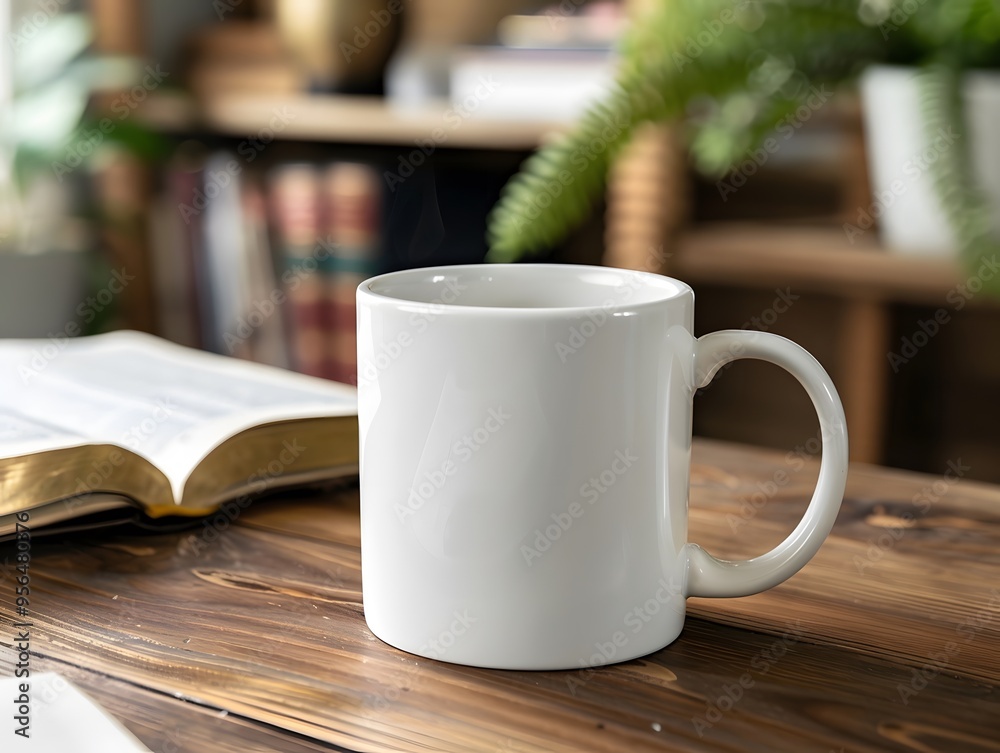 A white coffee mug sits on a wooden table next to an open book. The mug is empty and the book is closed. There are plants and a bookshelf in the background. A white coffee mug sits on a wooden table next to an open book. The mug is empty and the book is closed. There are plants and a bookshelf in the background.