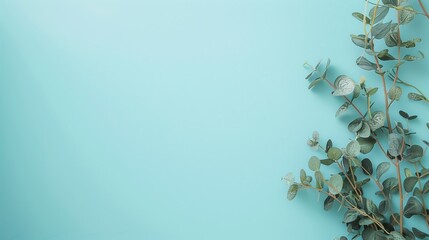 Eucalyptus branches positioned on the right side of a soft pastel blue backdrop, forming a natural border with space for text