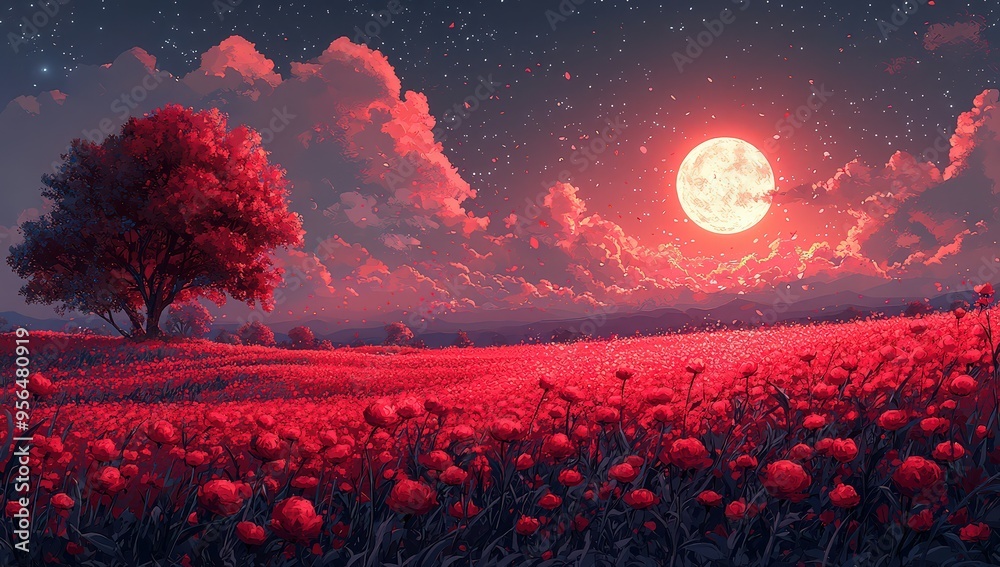 Φωτογραφία A field of red flowers under the moonlight, with stars twinkling in the sky