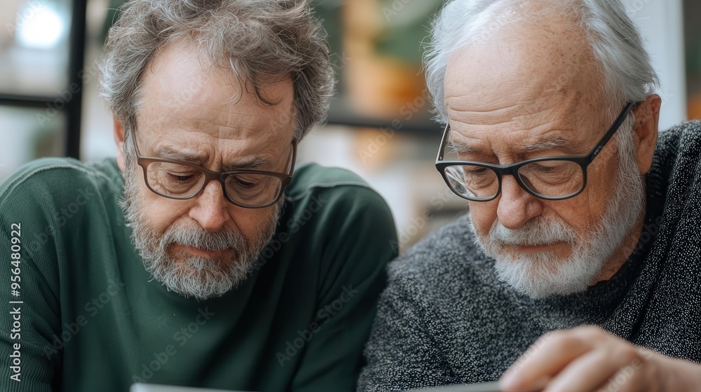 Adult son helping elderly father navigate modern technology, fostering family bonds, passing down knowledge through generations, promoting digital inclusion.