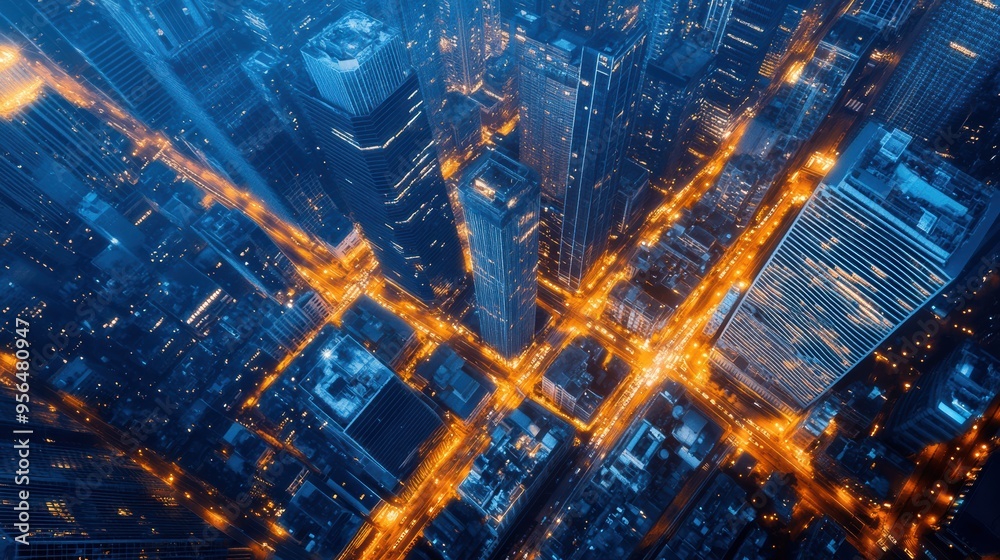 Obraz premium a night-time aerial shot of a cityscape with glowing lights outlining the streets and buildings, a dazzling display of urban energy