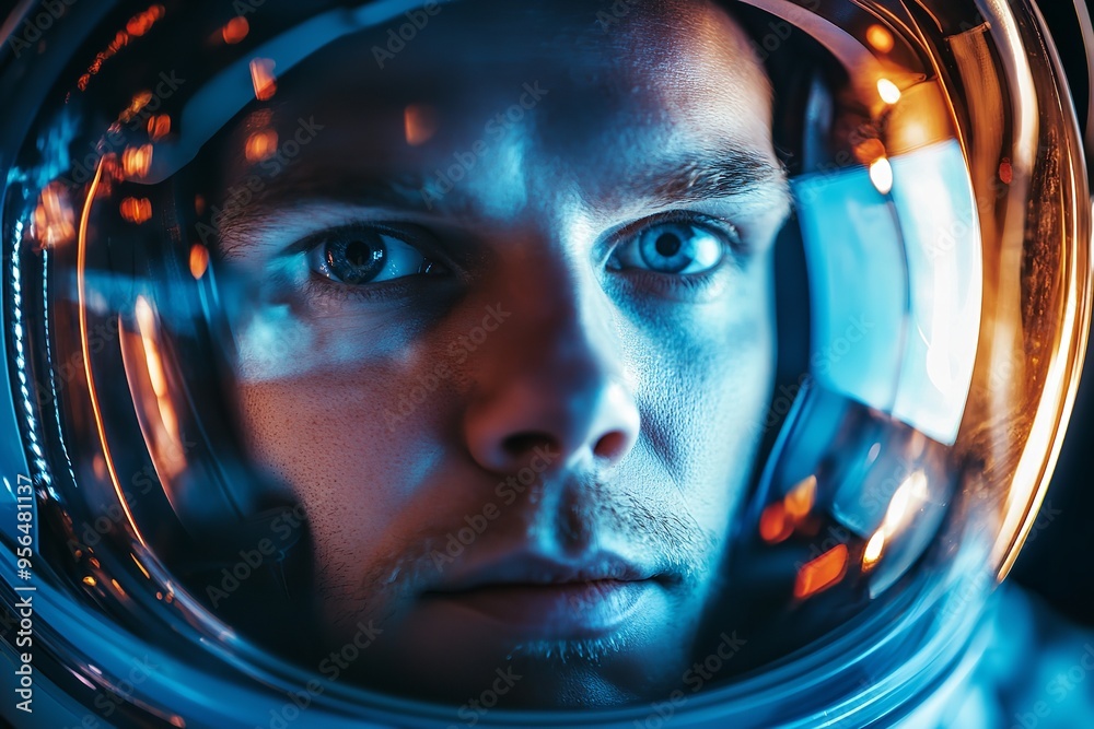 Close-up of an astronaut’s face wearing a helmet, with reflections visible on the glass. The image evokes the realms of astronomy Close-up of an astronaut’s face wearing a helmet, with reflections visible on the glass. The image evokes the realms of astronomy