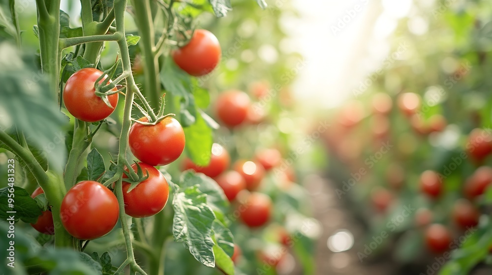 Growing of red salad or sauce tomatoes on greenhouse plantations in Fondi Lazio agriculture in Italy in summer : Generative AI Growing of red salad or sauce tomatoes on greenhouse plantations in Fondi Lazio agriculture in Italy in summer : Generative AI